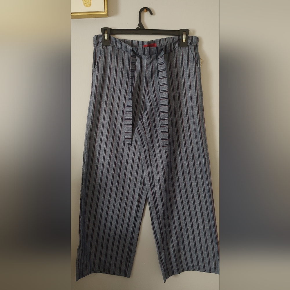 Hot Kiss Dress Pants Women Gray Stripes Belt Side Zipper Size 13 Wide Leg New - Picture 1 of 13